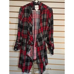 New York Laundry Red Black Plaid Duster Cardigan Open Front Women's Size L